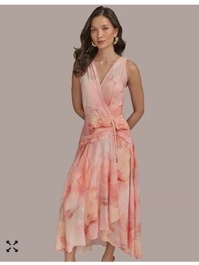 Donna Karan Pink Peach Watercolor High-Low Wrap Dress